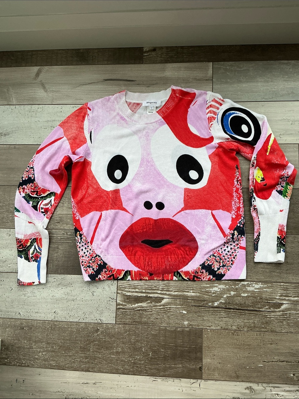 Desigual Colorblock Sweater in Red, Pink & White sz XL